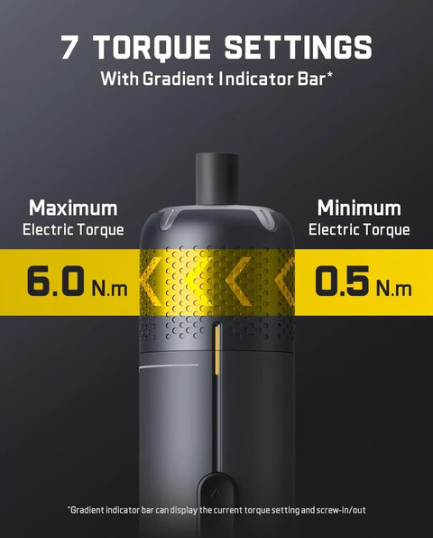 Cordless Electric Screwdriver Set With Precision Torque Control and Ergonomic Grip for No Sweat DIY Repairs showing 7 torque settings.