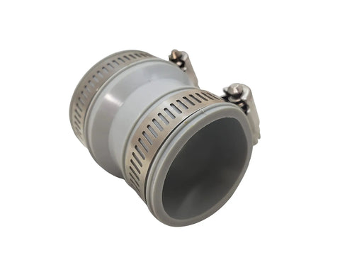 Flexible DWV Reducing Coupling 1-1/2 Inch To 1-1/4 Inch Drain Waste Vent Piping Connector With Easy Push In Installation DIY Friendly For In Home Repairs Cut Ins And House To Main Lines Durable Plumbing Fit, gray elastomeric PVC with clamps
