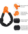 38,000 Lbs Synthetic Fiber Soft Shackle for Vehicle Recovery and Off Road Towing, shown with protective sleeve and knot design