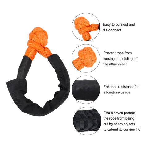 38,000 Lbs Synthetic Fiber Soft Shackle for Vehicle Recovery and Off Road Towing, shown with protective sleeve and knot design