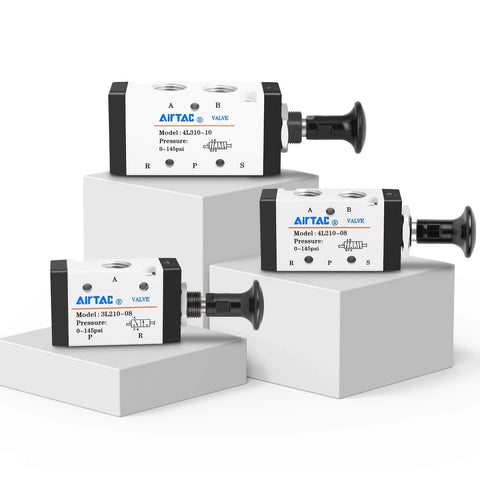 Manual Push-Pull 3-Way Valve With Hand Lever, 2 Position, 1/4 Inch NPT Pneumatic Control shown in a display setup