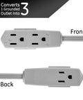 Three Outlet Flat Extension Cord With 15 Foot Reach Grounded 3 Prong Power Strip For Home Office And Entertainment Centers 16 Gauge Indoor UL Listed With Flat Plug Gray Perfect For Desks And Media Setups In Apartments Or Dorms, showing front and back views of gray outlets.