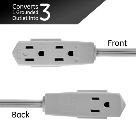 Three Outlet Flat Extension Cord With 15 Foot Reach Grounded 3 Prong Power Strip For Home Office And Entertainment Centers 16 Gauge Indoor UL Listed With Flat Plug Gray Perfect For Desks And Media Setups In Apartments Or Dorms, showing front and back views of gray outlets.