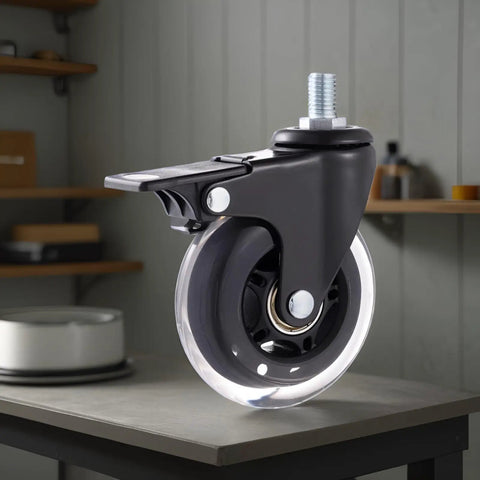 Set Of Five 3 Inch PU Caster Wheels With Locking Brakes For Heavy Duty Furniture And Work Carts Roll Smoother Than Silk And Built Tough For Everyday Shop Grind And No Fuss M6 M8 M10 Mount Swaps close-up of single caster wheel with black housing and clear tread on surface