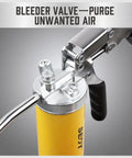 Close-up of heavy duty grease gun kit with 8000 PSI pistol, featuring bleeder valve for air purge, yellow tube visible.
