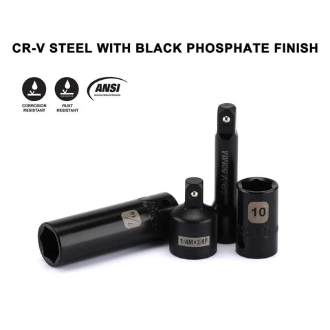 55 Piece 1/4 Inch Drive Master Impact Socket Set With Deep And Shallow Sockets 6 Point Beefy CR-V Steel in black finish