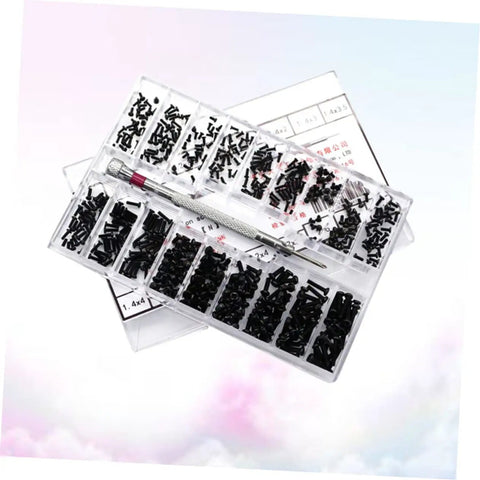 18 Piece Miniature Screw Assortment Kit with flat head and countersunk tiny machine screws in a handy portable storage box for repair jobs.