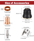 Size of accessories for 23Pcs Plasma Cutter Torch Consumables Kit with detailed measurements.