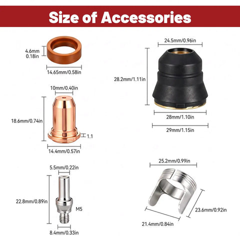 Size of accessories for 23Pcs Plasma Cutter Torch Consumables Kit with detailed measurements.