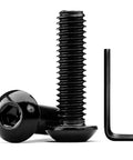 Built Tough 5/16-18 By 3-1/2 Inch Button Head Socket Cap Screws Made From Top Shelf 304 Stainless Steel With Long Lasting Black Oxide shield, shown with hex key.