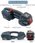 Automatic Electric Strapping Machine With 4000mha Battery For 1/2 To 5/8 In PP PPT Straps Portable Handheld Baler Tool With Lcd Display showing machine features.