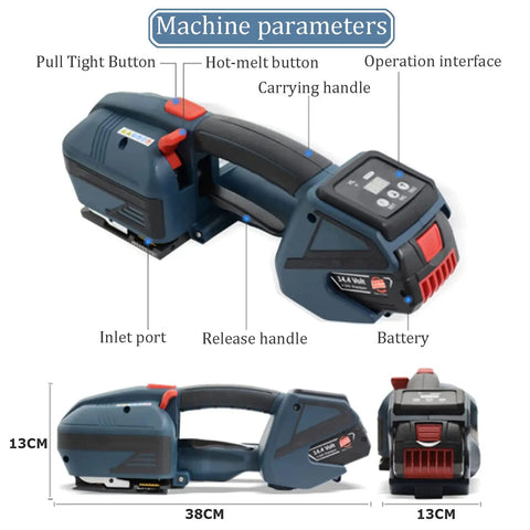 Automatic Electric Strapping Machine With 4000mha Battery For 1/2 To 5/8 In PP PPT Straps Portable Handheld Baler Tool With Lcd Display showing machine features.