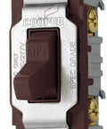20 Amp 120/277 Volt Commercial Grade Single Pole Compact Heavy Duty Toggle Switch With Side Wiring In Brown For Quiet, Reliable One Location Lighting Control For Easy Installation, front view