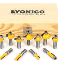 Router Bits Set 15 Piece Half Inch Shank Pro Grade Carbide Tipped Woodworking Router Bit Kit with wooden case displayed