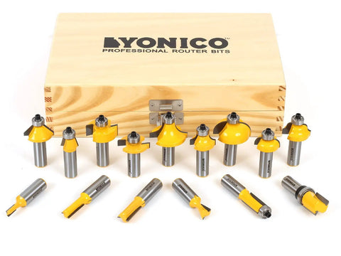 Router Bits Set 15 Piece Half Inch Shank Pro Grade Carbide Tipped Woodworking Router Bit Kit with wooden case displayed