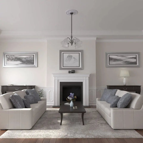 Living room with Vienna Ceiling Medallion Ultra Pure White 20 Inch Exterior Diameter Canopy above chandelier.
