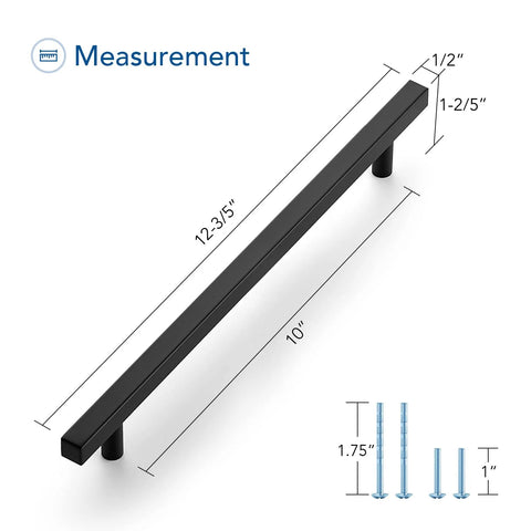 Measurement details for Matte Black 10 Inch Square Cabinet Pulls, 5 Pack, 12-1/2 Inch Overall Length, modern hardware