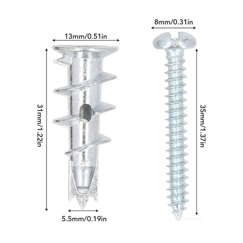 Heavy Duty Hollow Metal Wall Anchors And Screws Kit With Self Drilling Drywall Anchors In Zinc Alloy, No Predrilling Needed For 3/8 To 5/8 Inch. 31mm anchor, 35mm screw