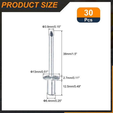 30 Piece Tough As Nails 1/4 Inch By 1/2 Inch Round Head Closed End Blind Rivets dimensions chart showing sizes for metal fastening.