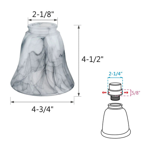 Diagram of Smoky Alabaster Bell Glass Replacement Shade for Ceiling Fans, Classic Bell Style, dimensions labeled