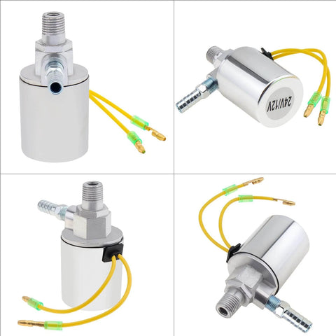 Heavy duty air horn solenoid valve one quarter inch NPT for 12V and 24V DC systems, chrome plated housing, 150 PSI rating