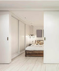 Five Foot Bypass Sliding Door Hardware Kit For Closets Aluminum Alloy Rail System Two Door Set installed in a bedroom