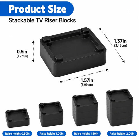 Four Pack Stackable TV Stand Riser Blocks With Half Inch Adjustable Height, showing size dimensions and adjustable height options.