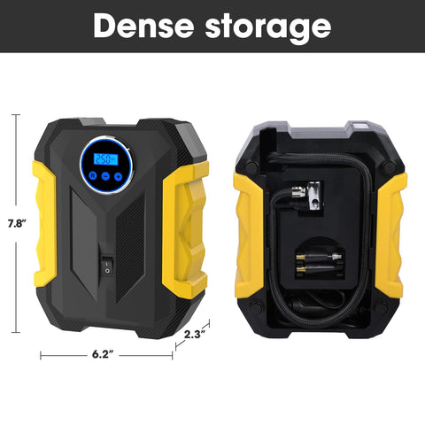 Portable Car Tire Inflator With LED Light No Fuss Auto Shut Off Digital Air Compressor For 12V DC showing front and back