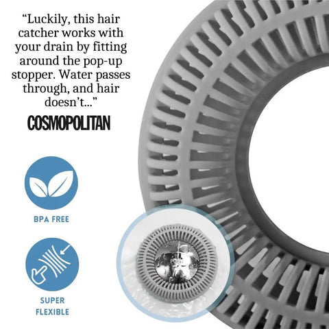 Close-up of gray hair catcher for shower drain and bathtub, reusable silicone stopper and strainer for clog prevention.