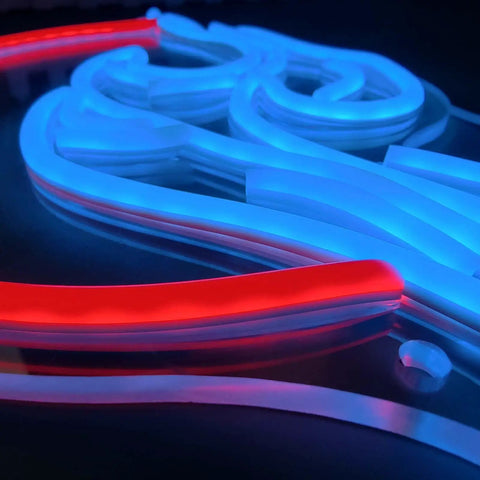 Close-up of red and blue LED tubing for Sunset Neon Sign Wall Decor LED Light For Bedroom Living Room Bar And Party USB Powered Dimmable Wave Sign 8.8x16 Inches Easy Plug In Setup And Cozy Nighttime Vibes For Any Space.