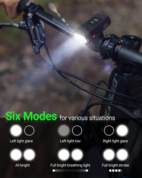 Lit Ultra Bright Bike Light Set Front And Rear USB Rechargeable Headlight mounted on handlebars showing six modes display