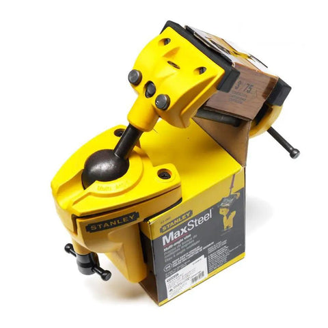 Maxsteel Multi-Angle Base Vise 83-069M Adjustable Angle Vise Clamp for crafts and electronics, shown in yellow with packaging