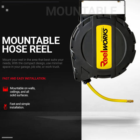 Air Hose Reel With Retractable Auto Rewind 3/8 Inch By 50 Foot Hybrid Polymer Hose Built Tough And Ready For 300 PSI Enclosed Polypropylene Construction Heavy Duty Commercial Reel With 1/4 Inch NPT Inlet And 36 Inch Lead In Hose mounted on wall
