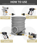 NAVOHEVEN pressure washer hose, 50ft gray, 4000 PSI, steel-braided with non-marking rubber; 3/8 in QC & M22 fittings