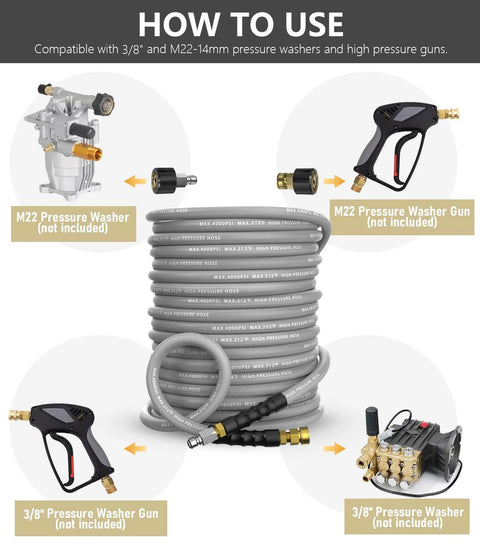 NAVOHEVEN pressure washer hose, 50ft gray, 4000 PSI, steel-braided with non-marking rubber; 3/8 in QC & M22 fittings