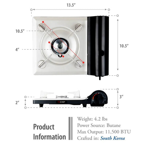 Top view of Agni Portable Butane Camp Stove With Auto Piezo Ignition, 2800 Kcal Hr Output 11500 BTU, showing dimensions and details