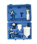 Handheld Airbrush Spray Gun Kit With Gravity Feed Paint Sprayer And Rust Proof Steel Body Adjustable Nozzles built like a tank in a blue case.