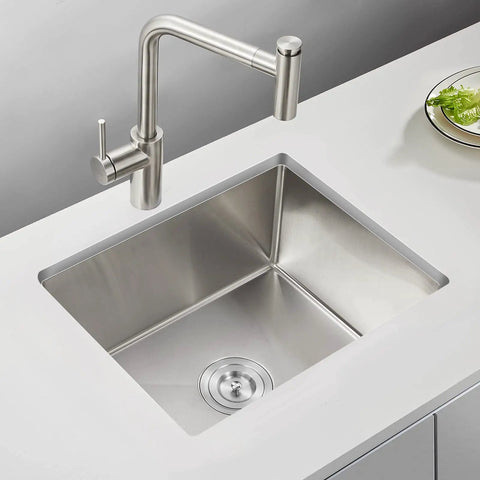 Undermount Kitchen Sink In Brushed Stainless Steel 18 Gauge T304 Handmade Single Bowl With Drain Strainer 20 Inch L By 16 Inch W By 9 Inch D Fits Three And A Half Inch Garbage Disposal Opening Built To Last