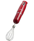 Heavy Duty 4 In 1 Immersion Hand Blender With Rock Solid 500W Motor And Two Speed Settings Featuring Splash Control Tech and whisk attachment in red.