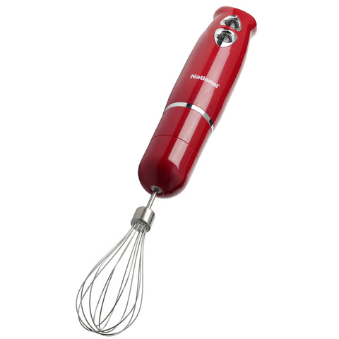 Heavy Duty 4 In 1 Immersion Hand Blender With Rock Solid 500W Motor And Two Speed Settings Featuring Splash Control Tech and whisk attachment in red.