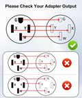 Diagram showing correct and incorrect Nema 14 50P to 14 50R adapter connections for Heavy Duty 50A AC Power Meter.
