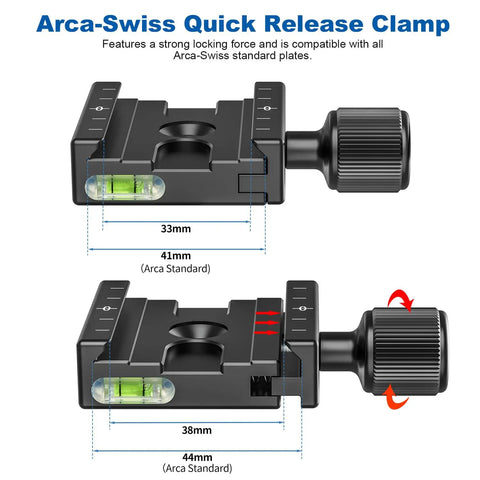 Rock Solid 50mm Quick Release Clamp for Camera Tripod Heads With Three Eighths to One Quarter Inch Adapter Arca Swiss Style Plate Compatible All Metal CNC Aluminum Pro Grade Bubble Level showing detailed dimensions and bubble level