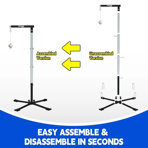 Auto Reset Baseball And Softball Hitting Tee with tethered ball assembled and unassembled, adjustable 20 to 45 inches.