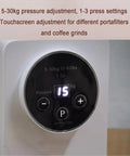 Electric Automatic Coffee Tamper For Espresso Machines Adjustable 5 To 30 Kg Pressure With Slick Touchscreen showing pressure settings.