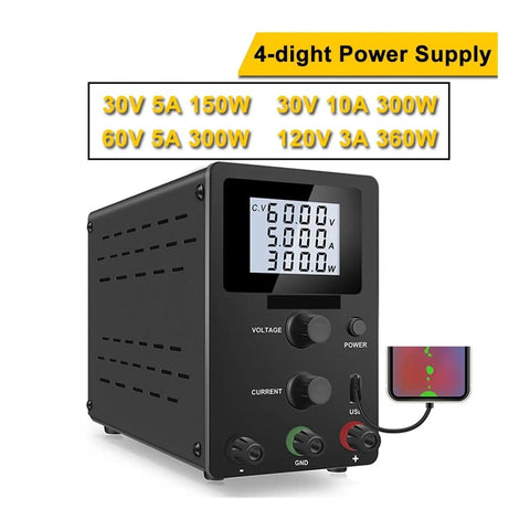 Dope Lab Bench Power Supply 30V 10A 300W With LCD 4 Digit Display Dual Knob Voltage Regulator Switching DC Supply USB 5V 2A Charge Port Smart Cooling Fan Ideal For PCB Repair And Prototyping, front view