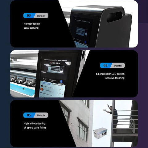 Universal Screen Protector Cutter With Touch Screen and Multi Language Support with detailed LCD screen and hanger design