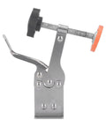 Side view of a stainless steel toggle clamp with antislip rubber tips, suitable for woodworking and cabinet installations.