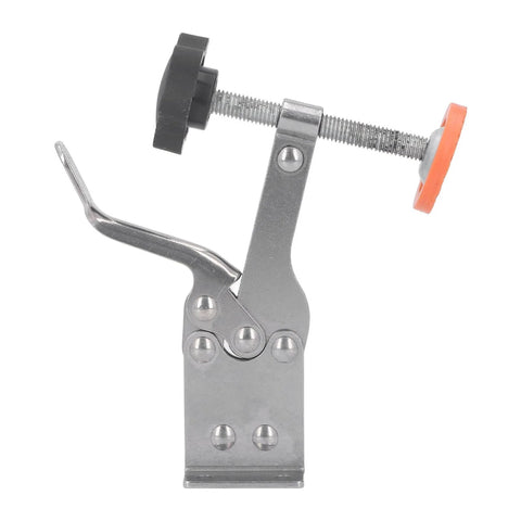 Side view of a stainless steel toggle clamp with antislip rubber tips, suitable for woodworking and cabinet installations.