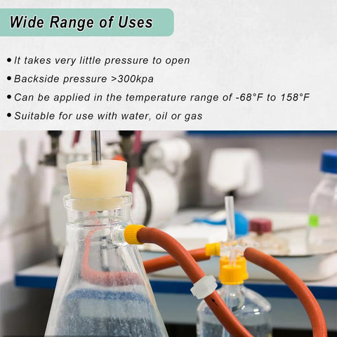Plastic plug-in barb check valve with orange tubing attached to a glass lab bottle (front view)