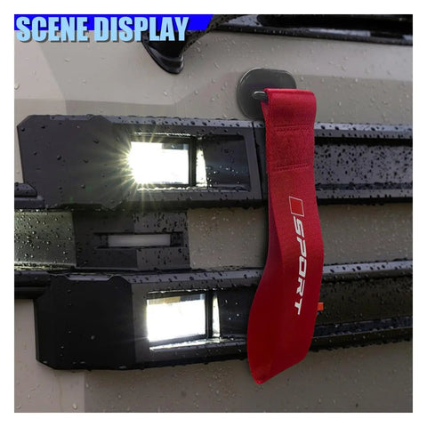 Custom Red Deco Tow Strap For Car Bumper And Trunk, Stylish Trailer Belt Plus Towing Rope Auto Exterior Bling With Abs Hook, personalized racing stripe on vehicle front.